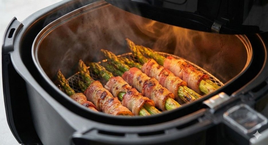 The air fryer cooks bacon wrapped asparagus quickly with excellent crispiness.